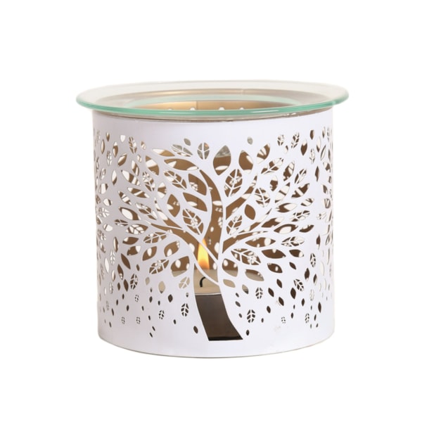 Tealight Wax Melter and Candle Holder - White Silhouette Tree of Life 10.5cm