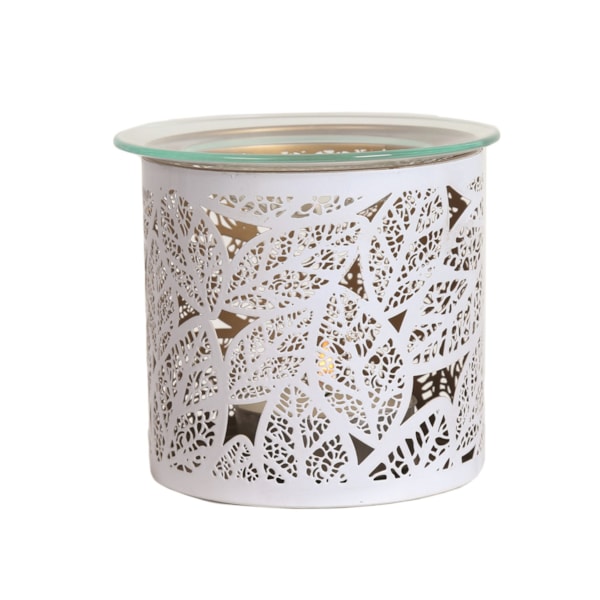 Tealight Wax Melter and Candle Holder - White Silhouette Leaves 10.5cm