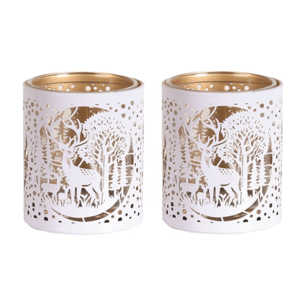 Votive Holder Metal Silhouette – White and Gold Deer Family set of two