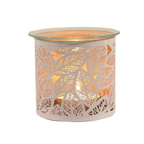 Tealight Wax Melter and Candle Holder - White Silhouette Leaves 10.5cm