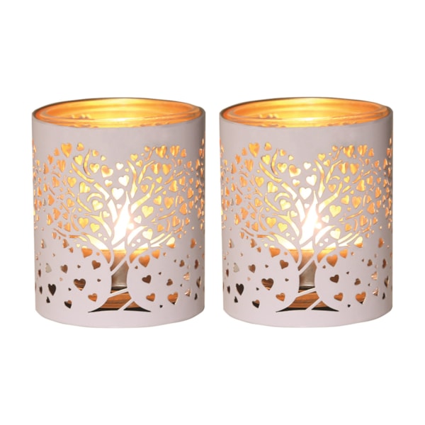 Votive Holder Metal Silhouette – White and Gold Heart Tree set of two